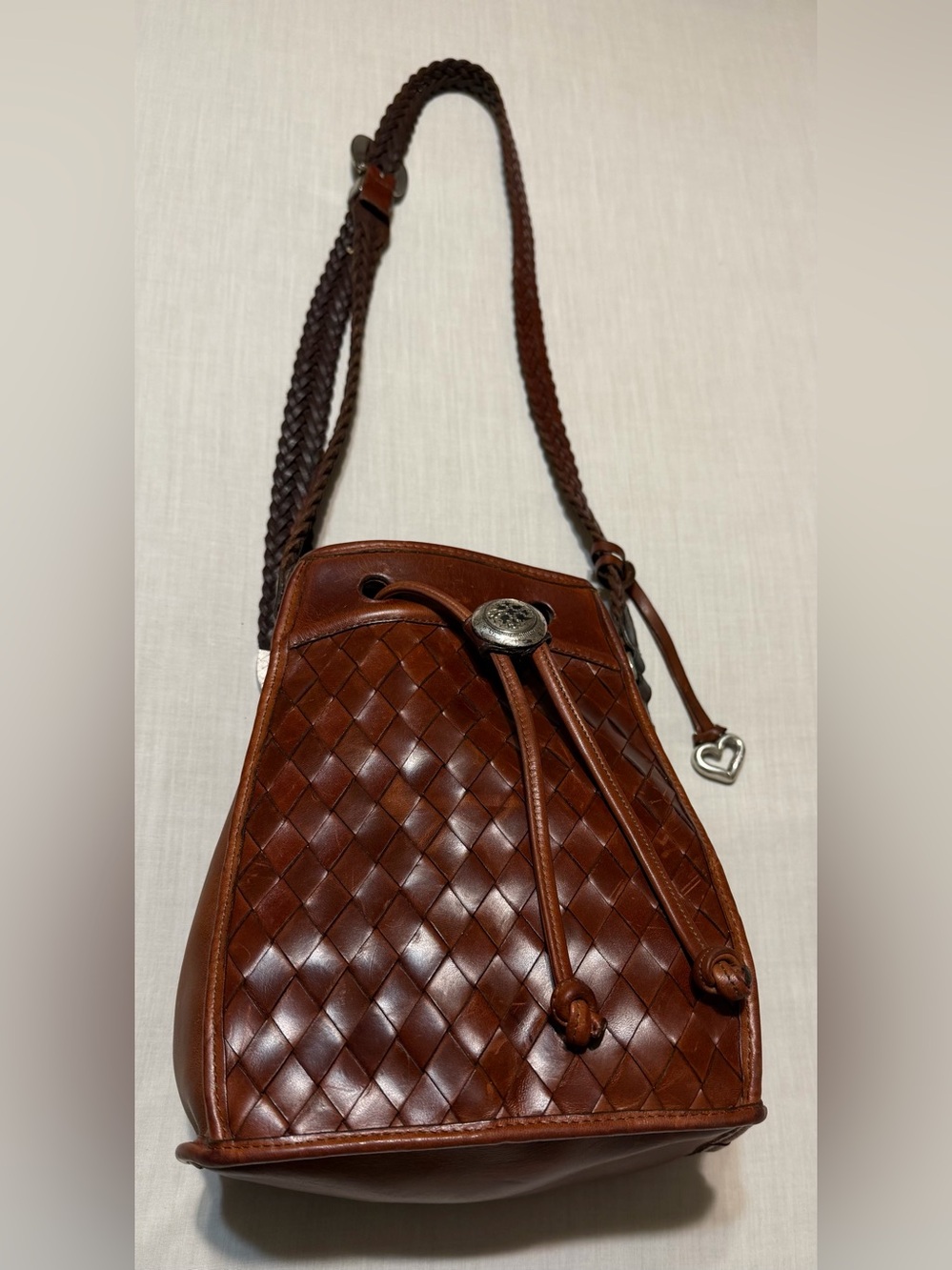 Brighton Brazilian Bree Brown Woven Leather Drawstring Crossbody Bag
